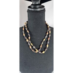 Vintage Handmade Paper Bead Necklace & Bracelet Set Boho Hippie Orange Brown 42"